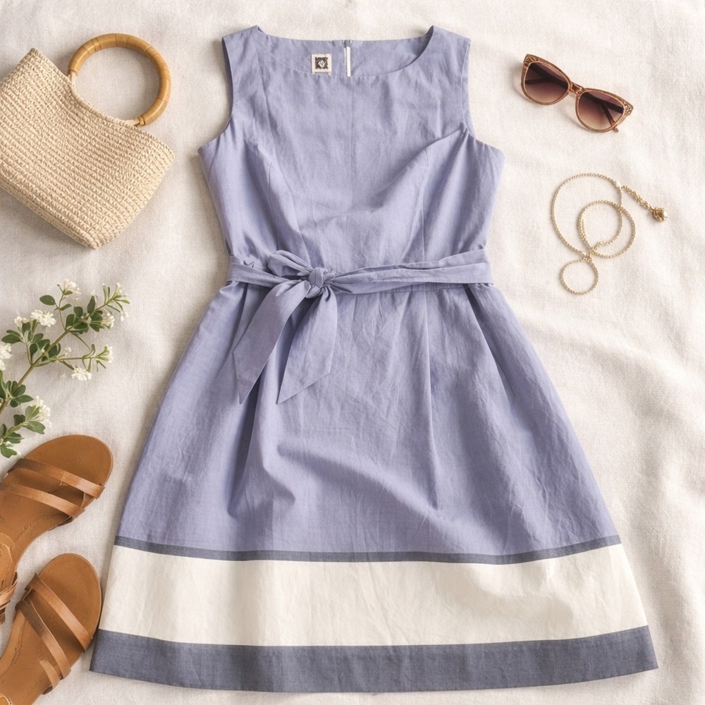 Anne Klein Womens Eton Blue Striped Hem Belted Fit & Flare Dress 10681026-1XT 16